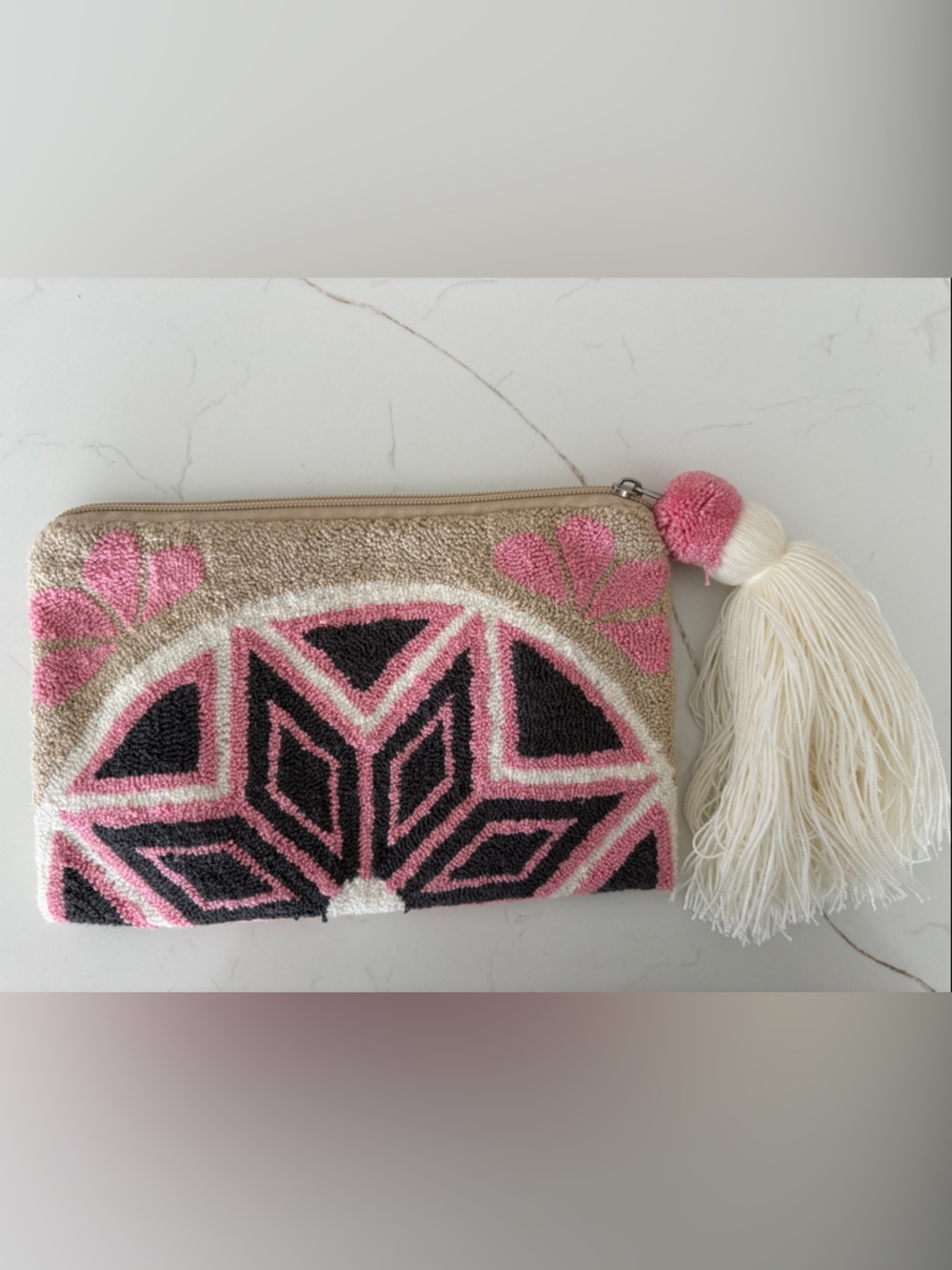 Pink & Black Geometric Handwoven Fabric Zip Clutch with Tassel NEW NEVER USED